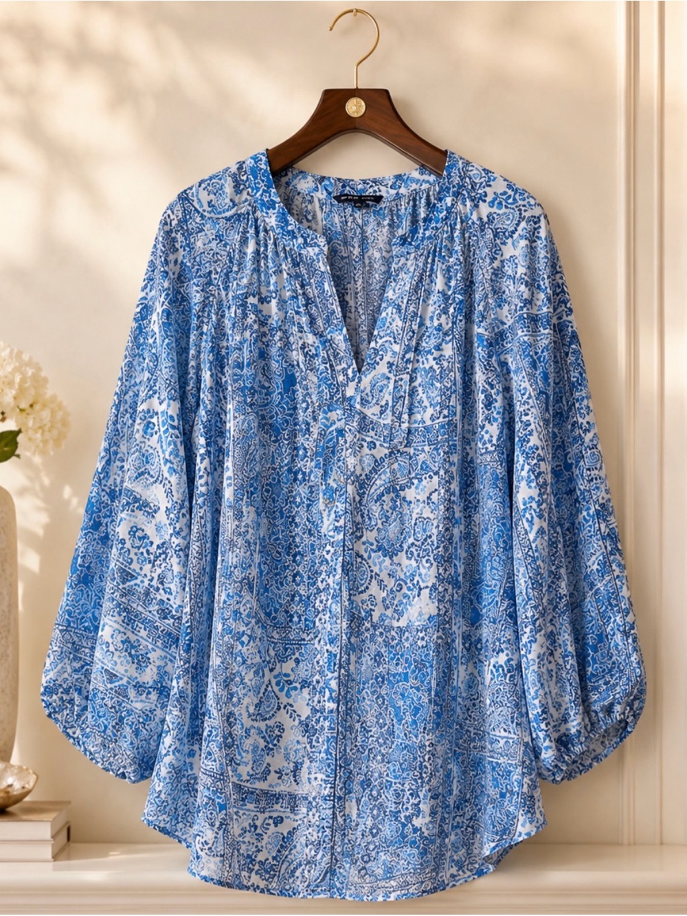 Rachel Zoe Blue & White Printed Tunic Blouse